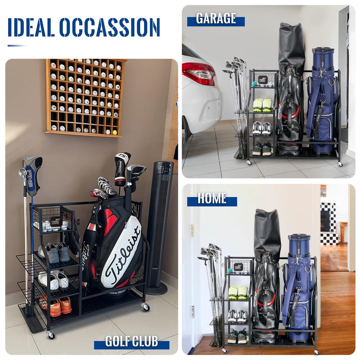 Mythinglogic golf storage shelves with three middle tiers for accessories