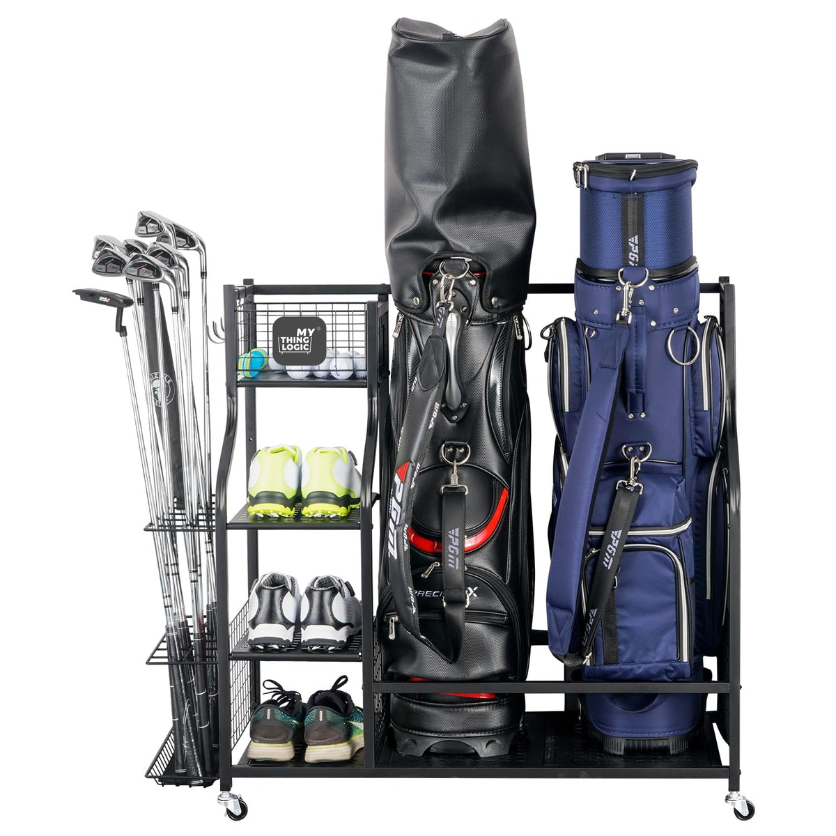 Mythinglogic golf storage stand with two bags for garage organization
