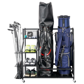 Mythinglogic golf storage stand with two bags for garage organization