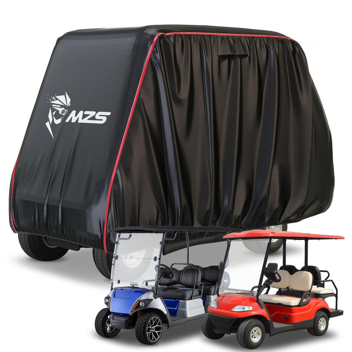 MZS golf cart cover on 4-passenger cart side view protects from weather.