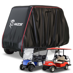 MZS golf cart cover on 4-passenger cart side view protects from weather.