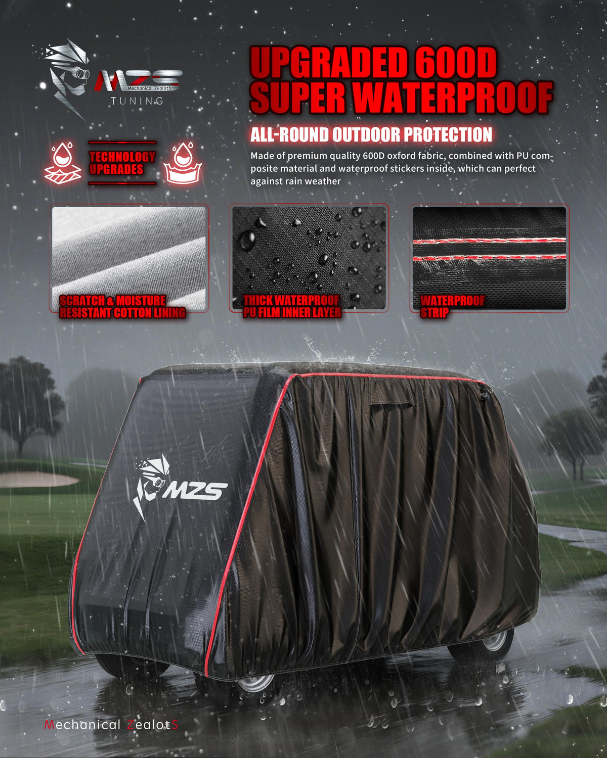 MZS golf cart cover at night with reflective stripes enhances visibility.