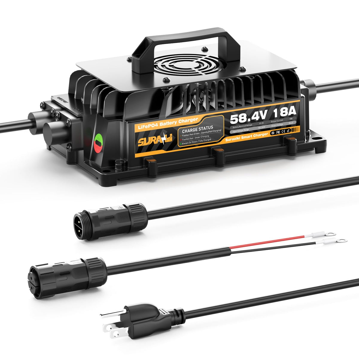 Nasdzao Suraziki charger front view powering 48V LiFePO4 packs safely.