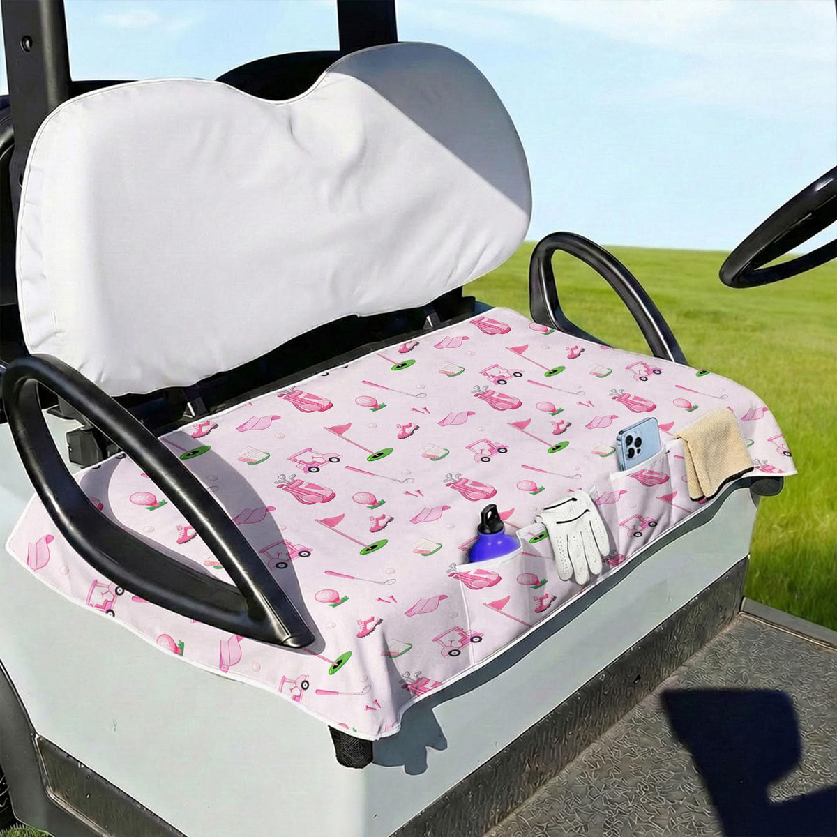 Neapth pink golf cart seat cover with universal fit protects seats and adds color.