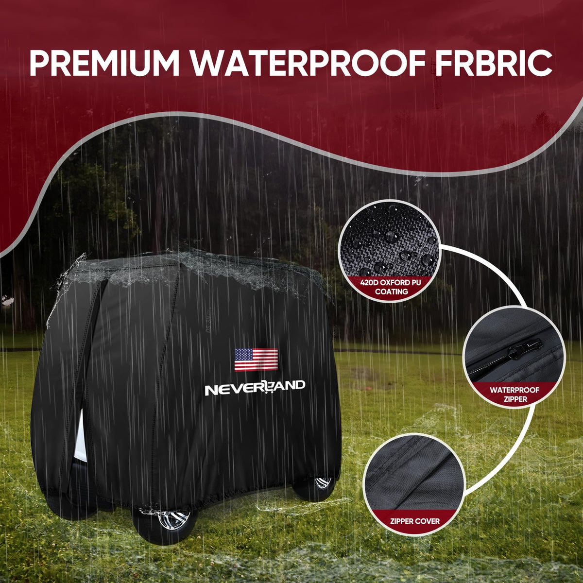 Neverland 420D waterproof fabric blocks rain and sunlight for durable outdoor protection