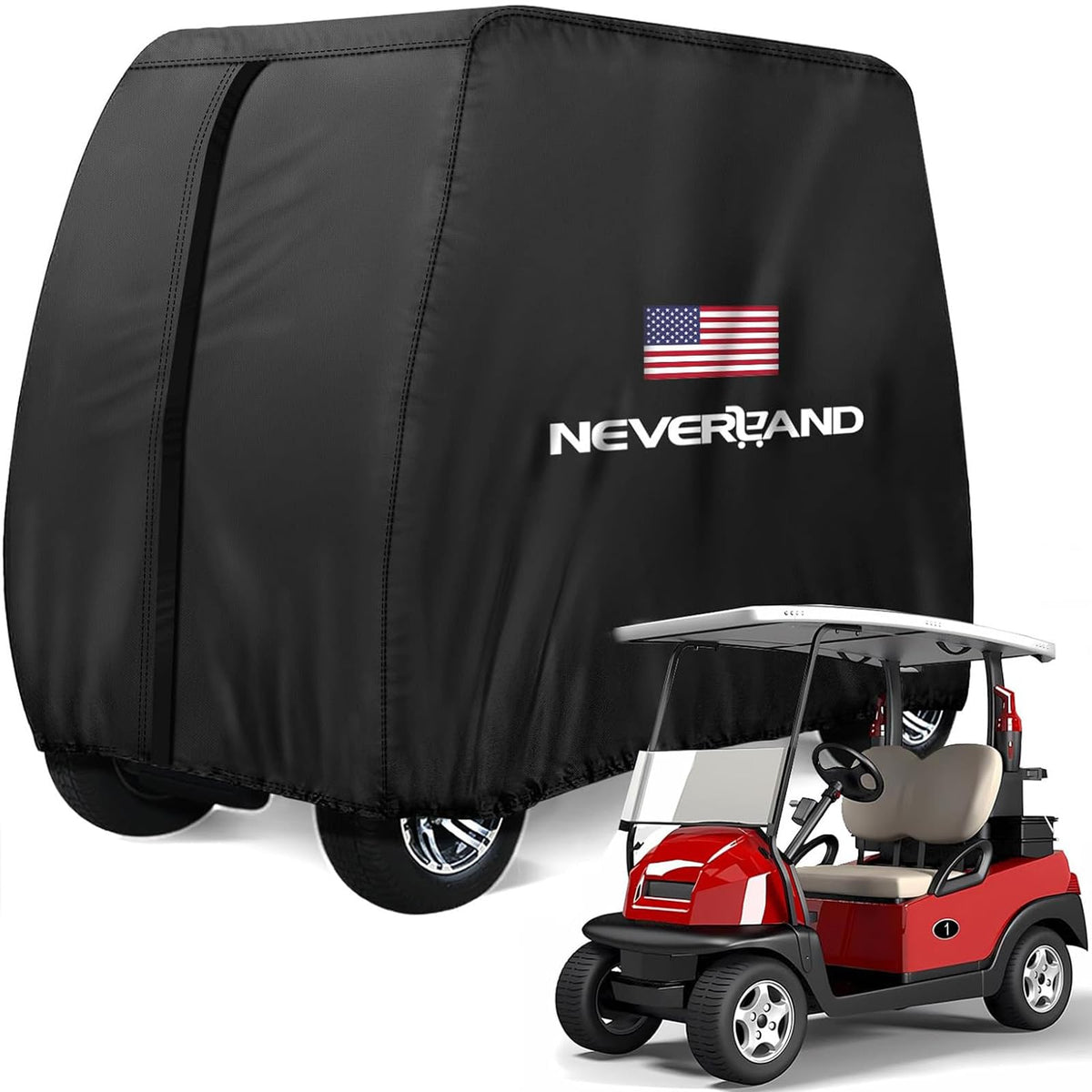 Neverland 2-passenger golf cart cover protects a 95 inch cart with rugged 420D fabric.