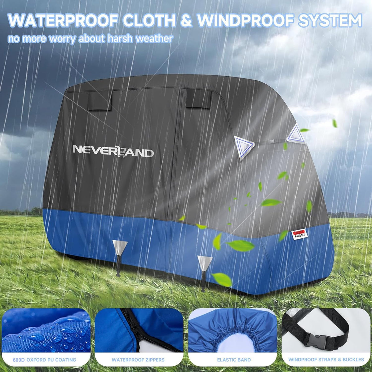 NeverLAND Golf Cart Cover 4-Passenger back view with reflective strips for nighttime visibility