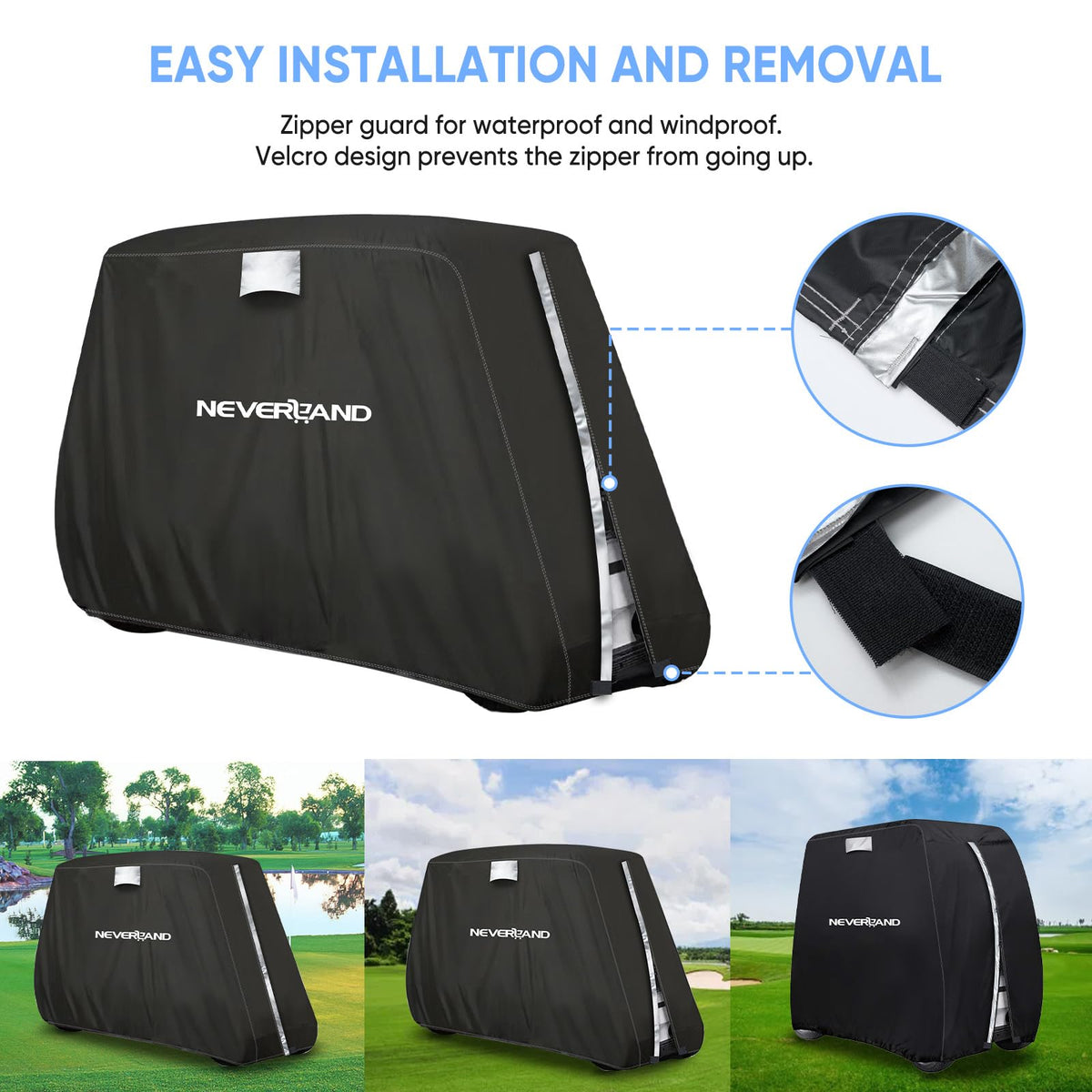NEVERLAND golf cart cover durable 210D fabric withstands rain and cold.