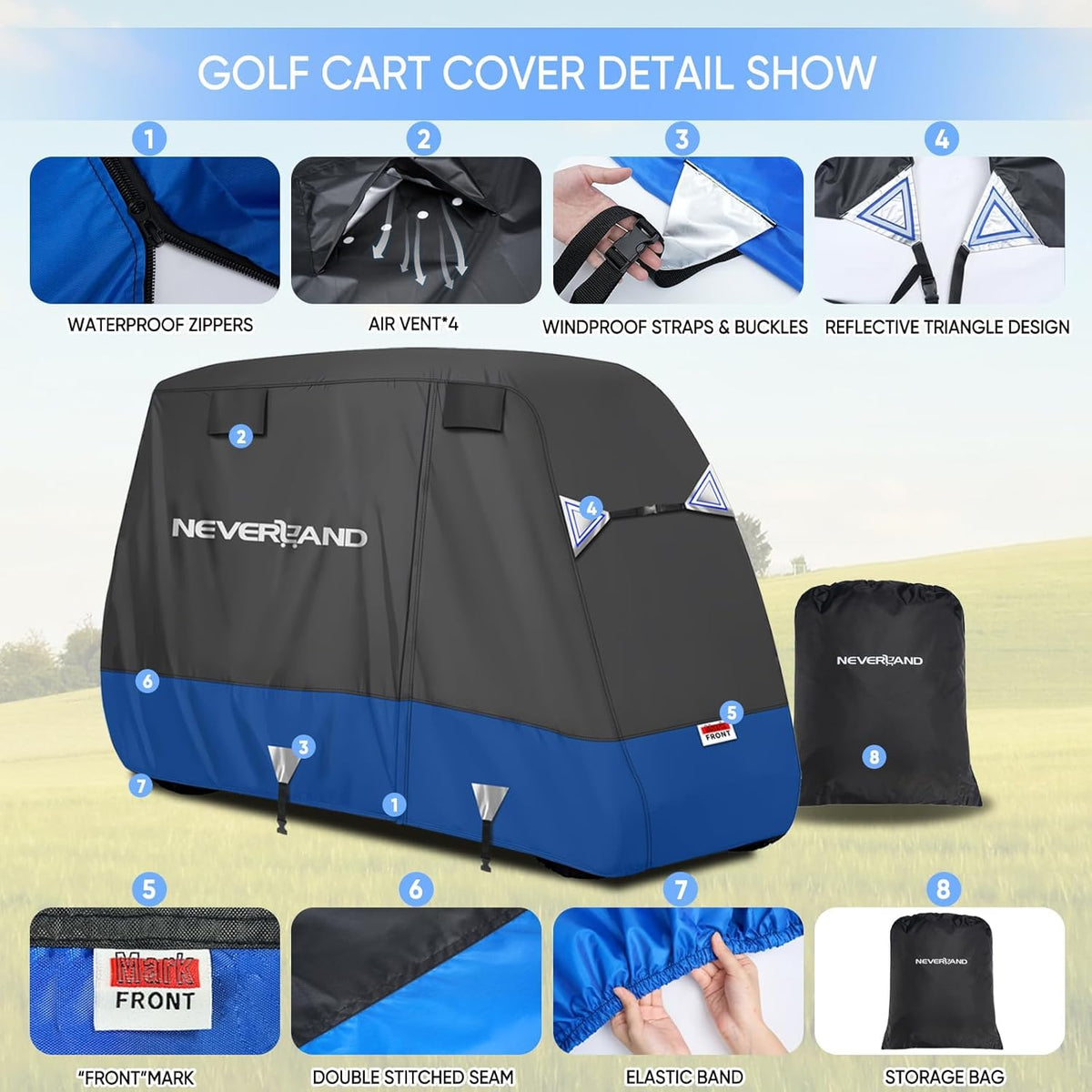 NeverLAND Golf Cart Cover 4-Passenger side view shows adjustable straps for snug fit