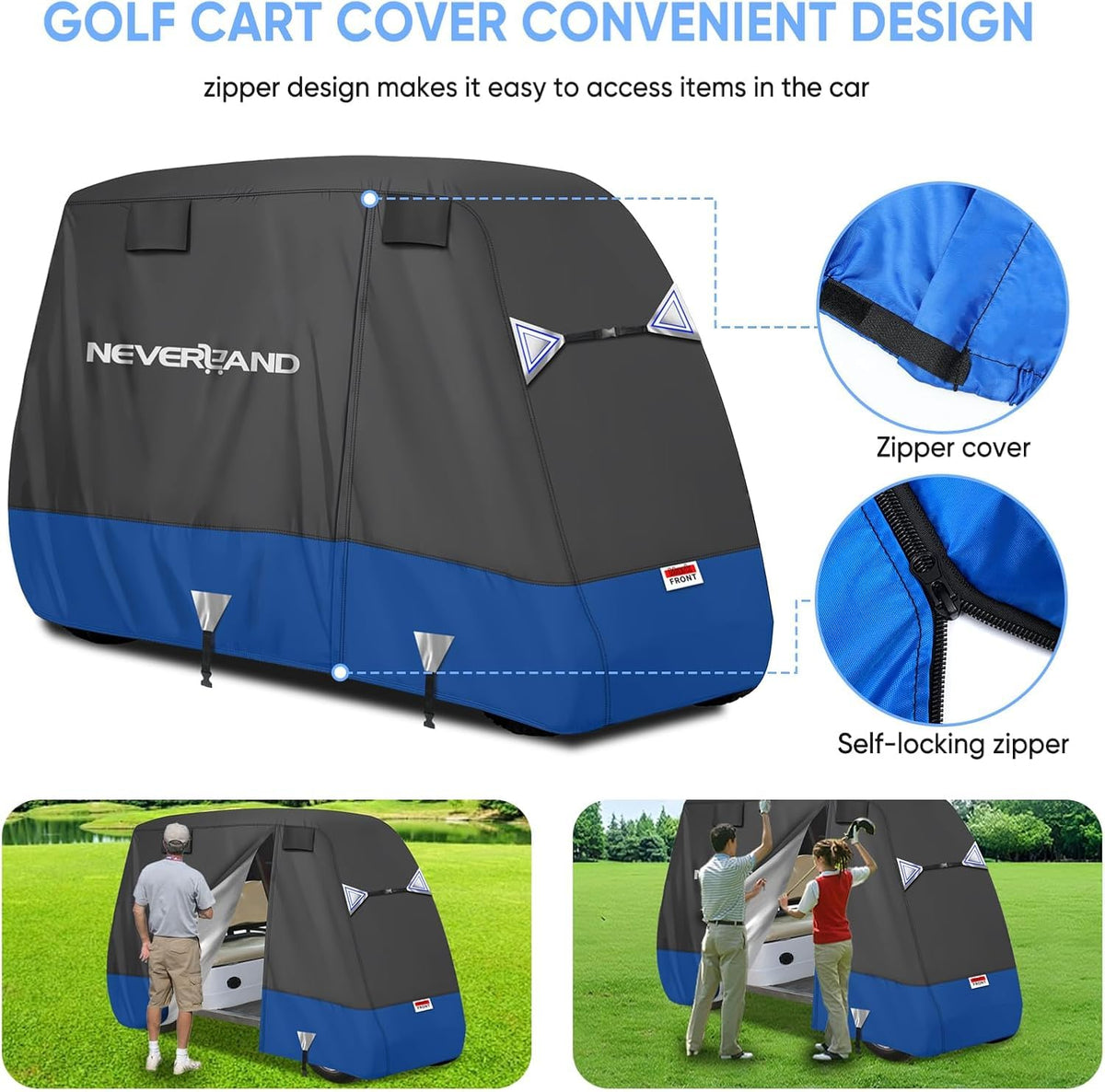 NeverLAND Golf Cart Cover 4-Passenger close-up reveals waterproof coating and seal