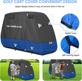 NeverLAND Golf Cart Cover 4-Passenger close-up reveals waterproof coating and seal