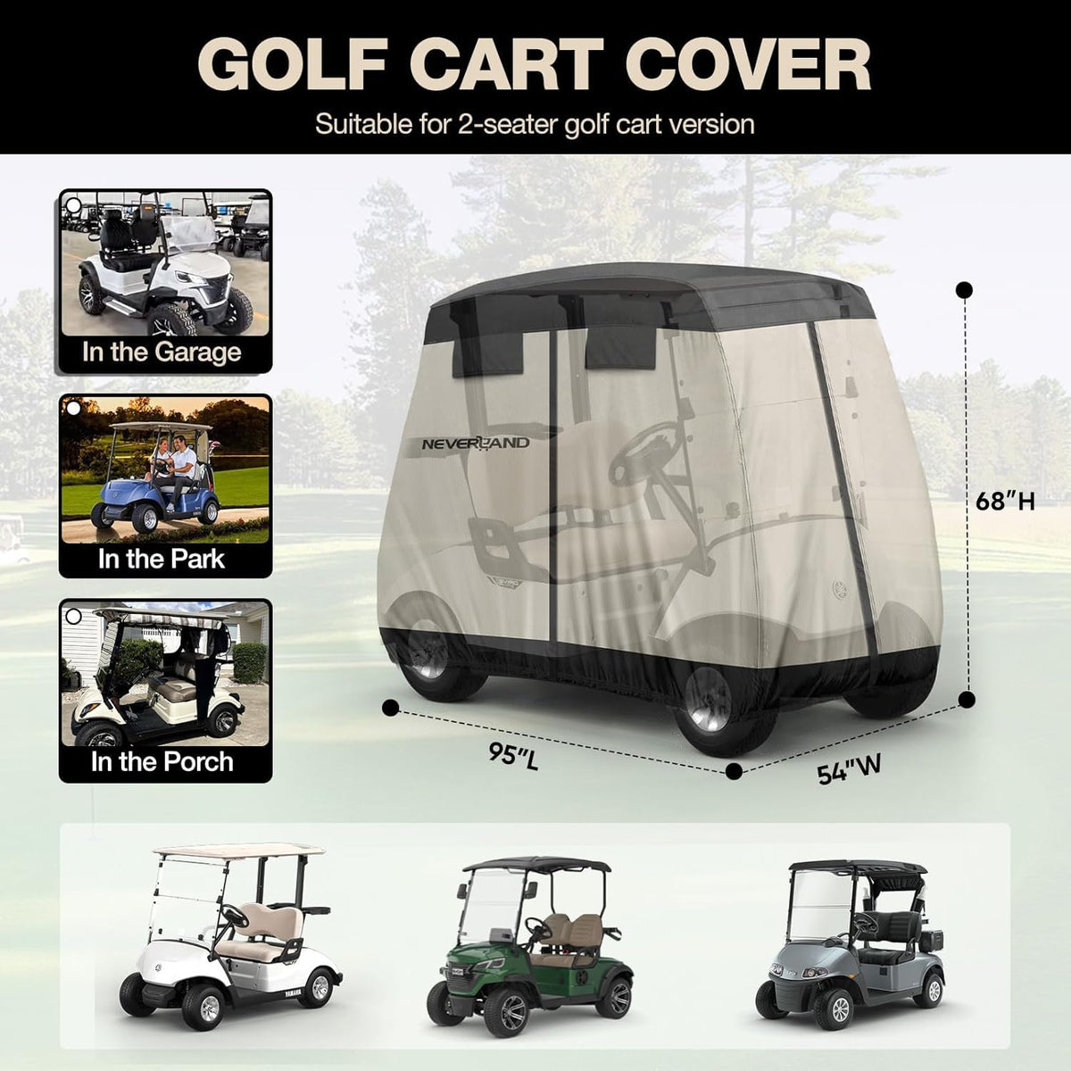 NeverLAND adjustable straps ensure secure fit on two-seat golf carts
