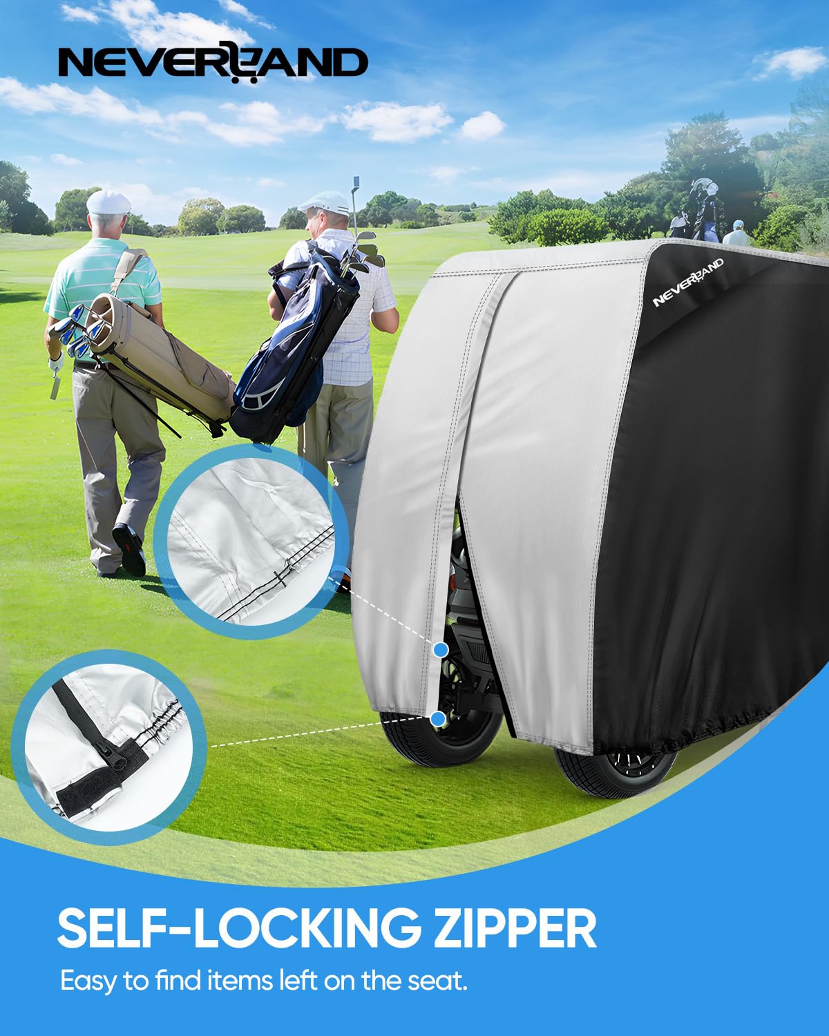 NeverLAND black and silver two-tone design complements golf carts stylishly.