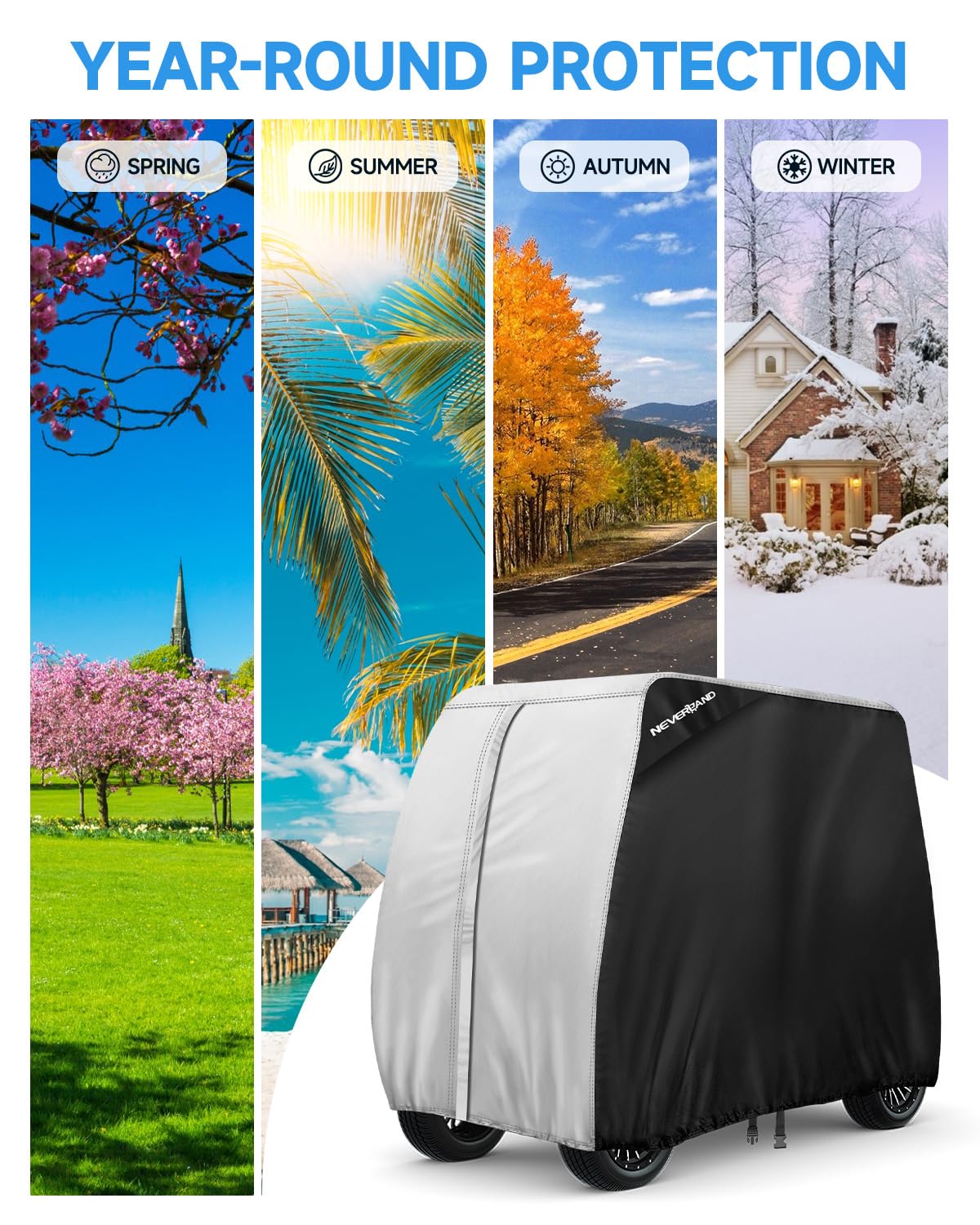 NeverLAND compatible with EZGO, Club Car, Yamaha four-seat models for easy setup.