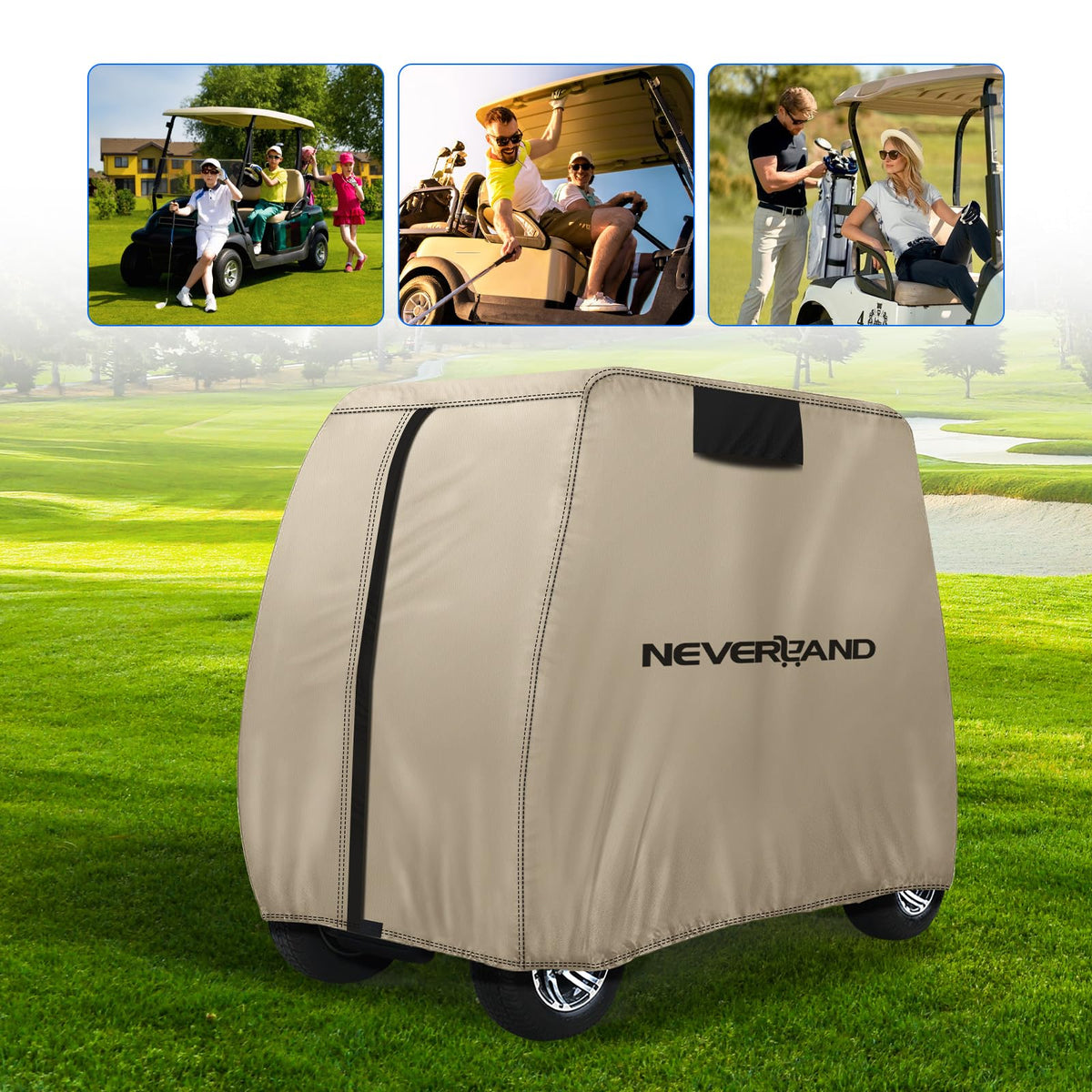 NeverLAND golf cart cover elastic belt with wind tie secures cover during windy days.