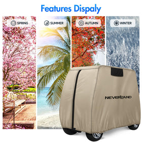 NeverLAND golf cart cover suitable for indoor and outdoor use year-round protection.