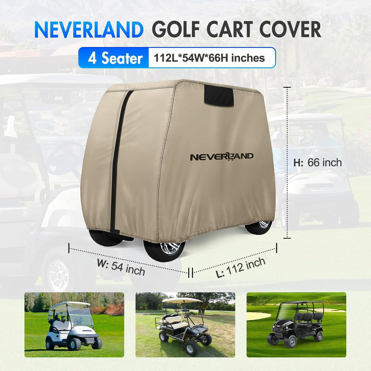 NeverLAND golf cart cover outdoor windproof light tan blocks wind and sun.