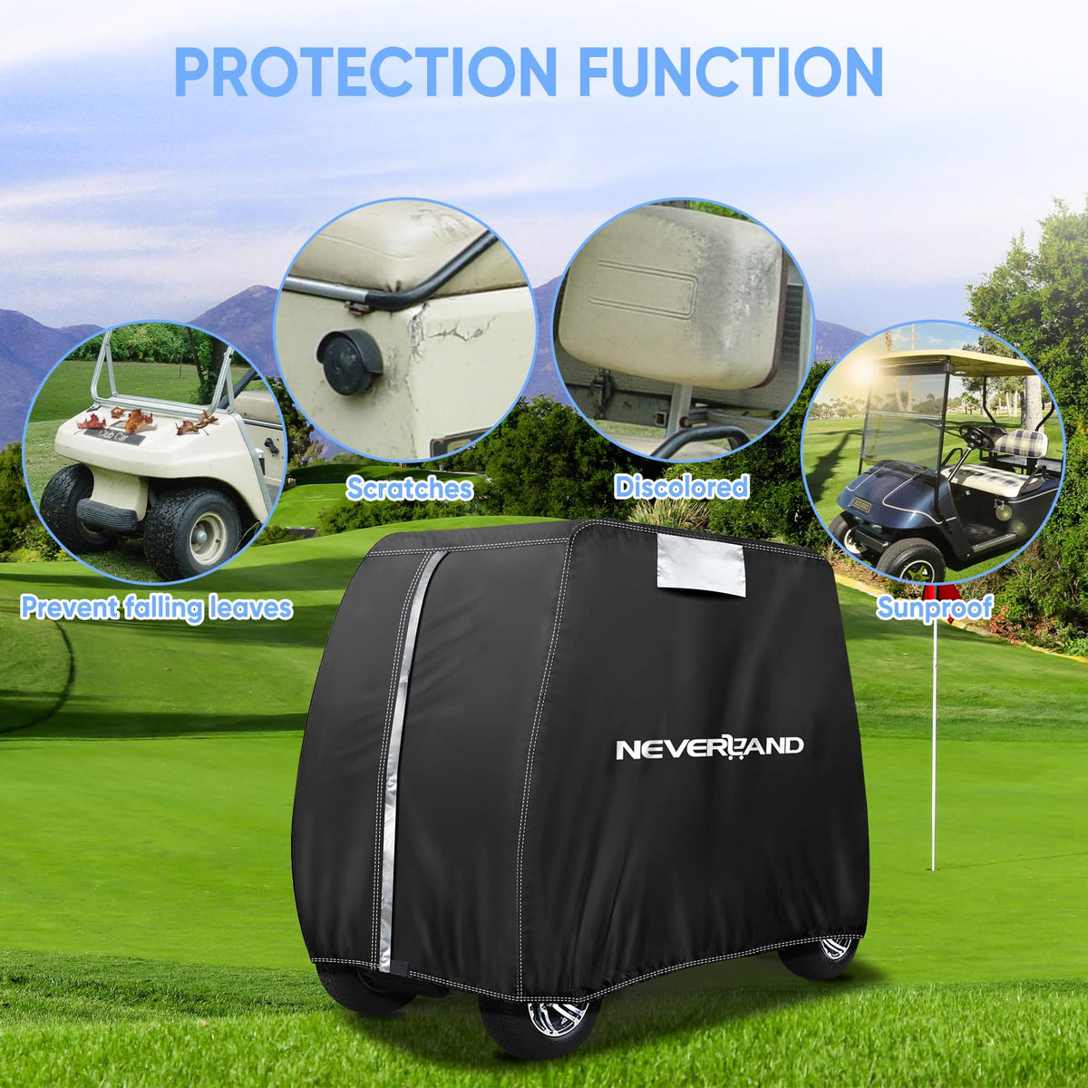 NEVERLAND golf cart cover includes a storage bag for easy stowage.