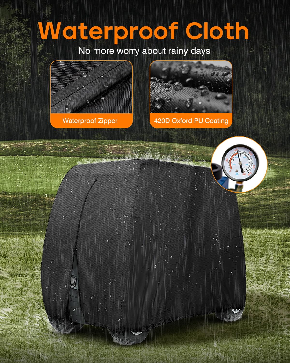 NeverLAND golf cart cover waterproof zipper enables easy access during wet days.