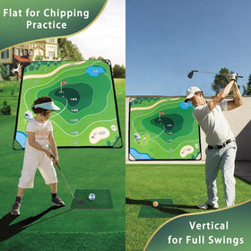 Newmkr adjustable tilt stand enables chipping or full swing practice.