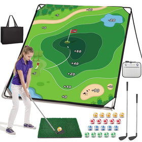 Newmkr golf chipping game mat 71x71 inches for backyard practice.