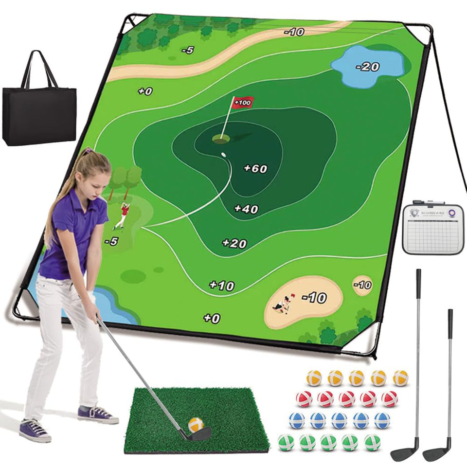 Newmkr golf chipping game mat 71x71 inches for backyard practice.