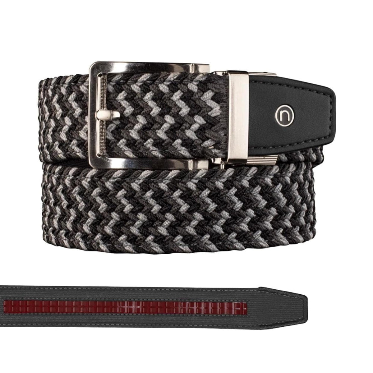 Nexbelt braided ratchet golf belt close-up shows charcoal buckle for secure fit on course.