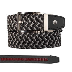 Nexbelt braided ratchet golf belt close-up shows charcoal buckle for secure fit on course.