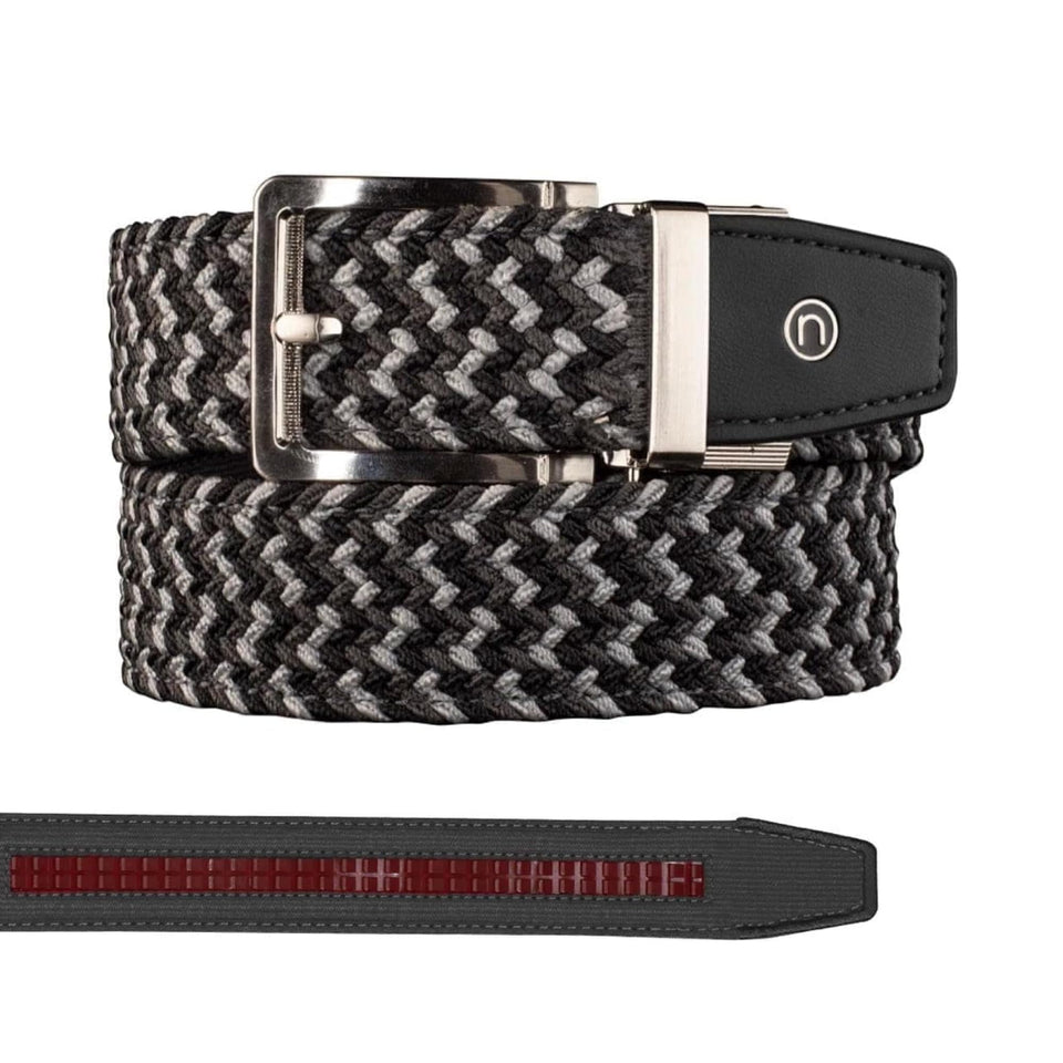 Nexbelt braided ratchet golf belt close-up shows charcoal buckle for secure fit on course.