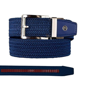 Nexbelt braided ratchet golf belt navy close-up buckle shows PreciseFit for all-day comfort.