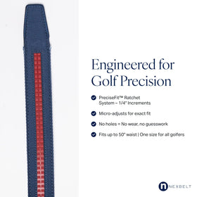 Nexbelt navy braided ratchet belt worn on golf pants for seamless course-to-club transition.