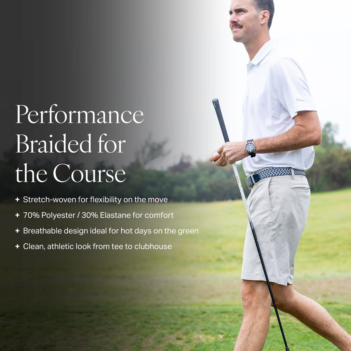 Nexbelt braided ratchet belt on a golf outfit blending performance and style