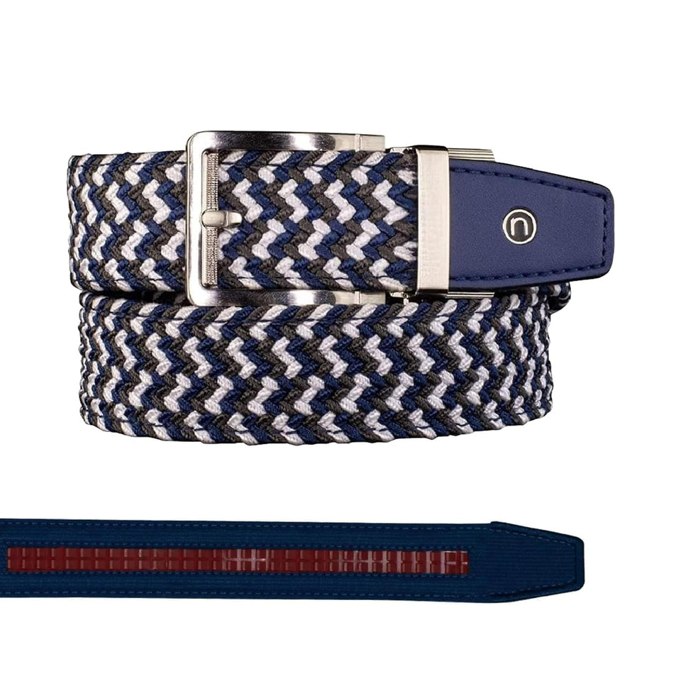 Nexbelt braided ratchet belt close-up showing micro-adjustable fit for comfort