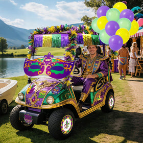 NFAMRZCAR large Mardi Gras mask serves as a bold focal piece.