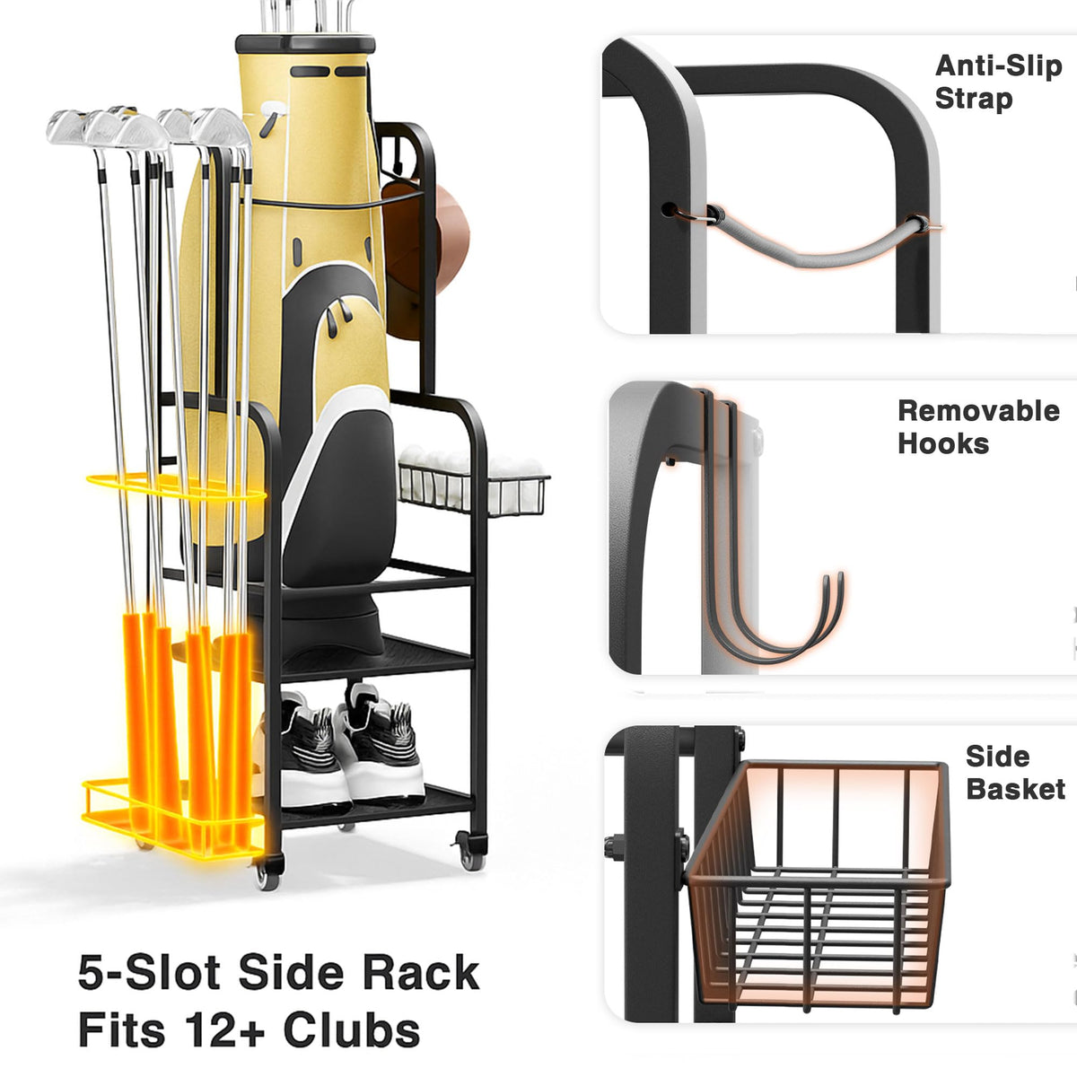 Niffgaff golf bag organizer with locking casters enables easy relocation and stable placement.