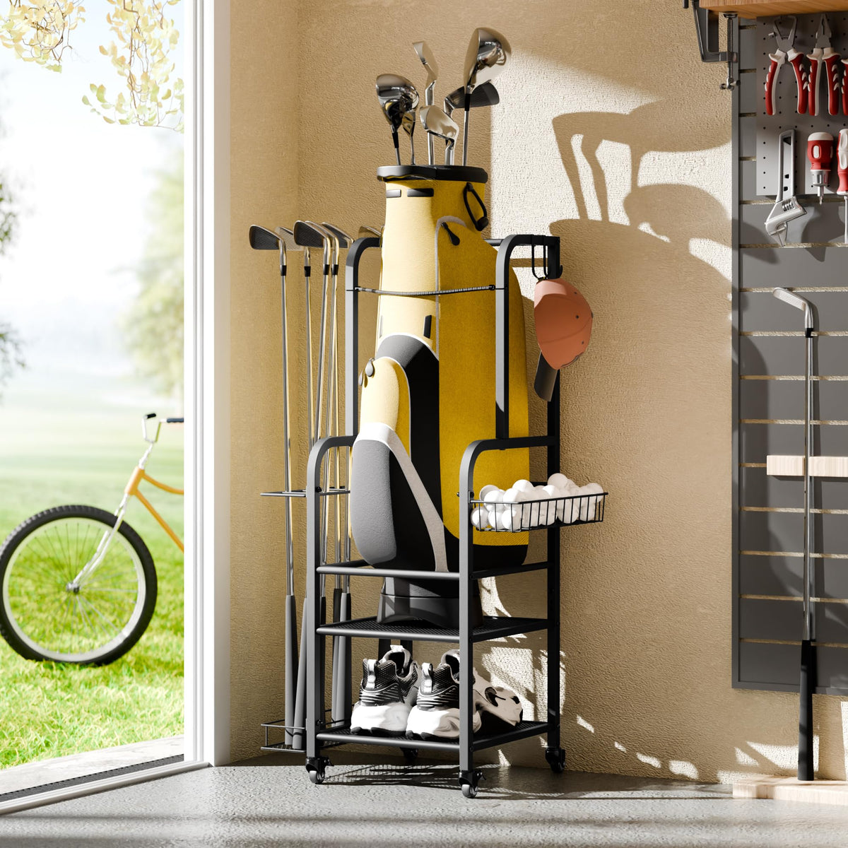 Niffgaff golf bag organizer dimensions fit for garages and storage corners.