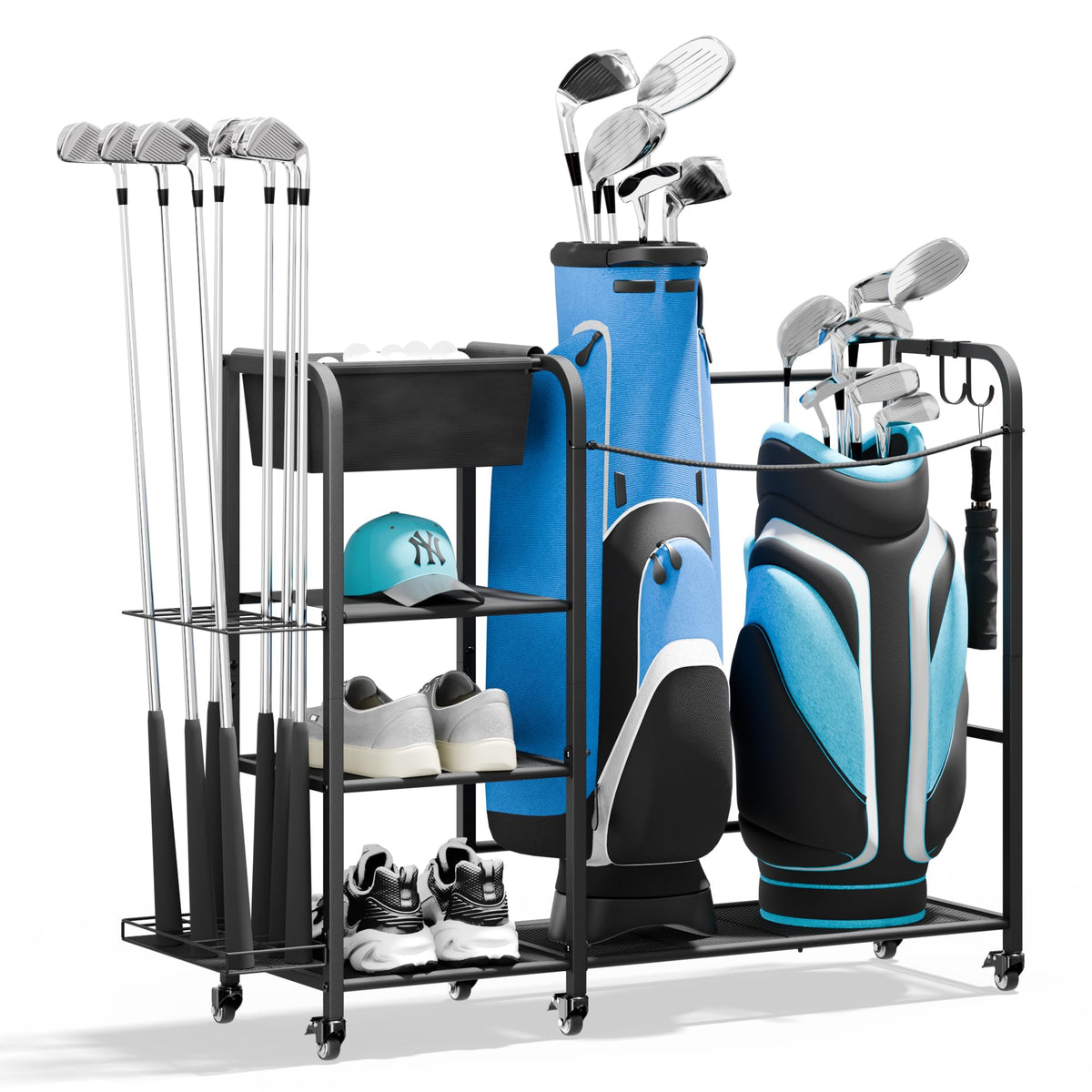 Niffgaff golf bag organizer front view with two bags and stacked shelves for quick access.