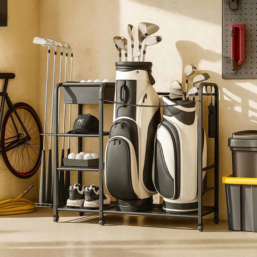 Niffgaff golf bag organizer side view with wheels for easy garage repositioning.
