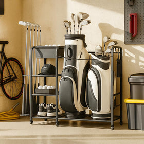 Niffgaff golf bag organizer side view with wheels for easy garage repositioning.