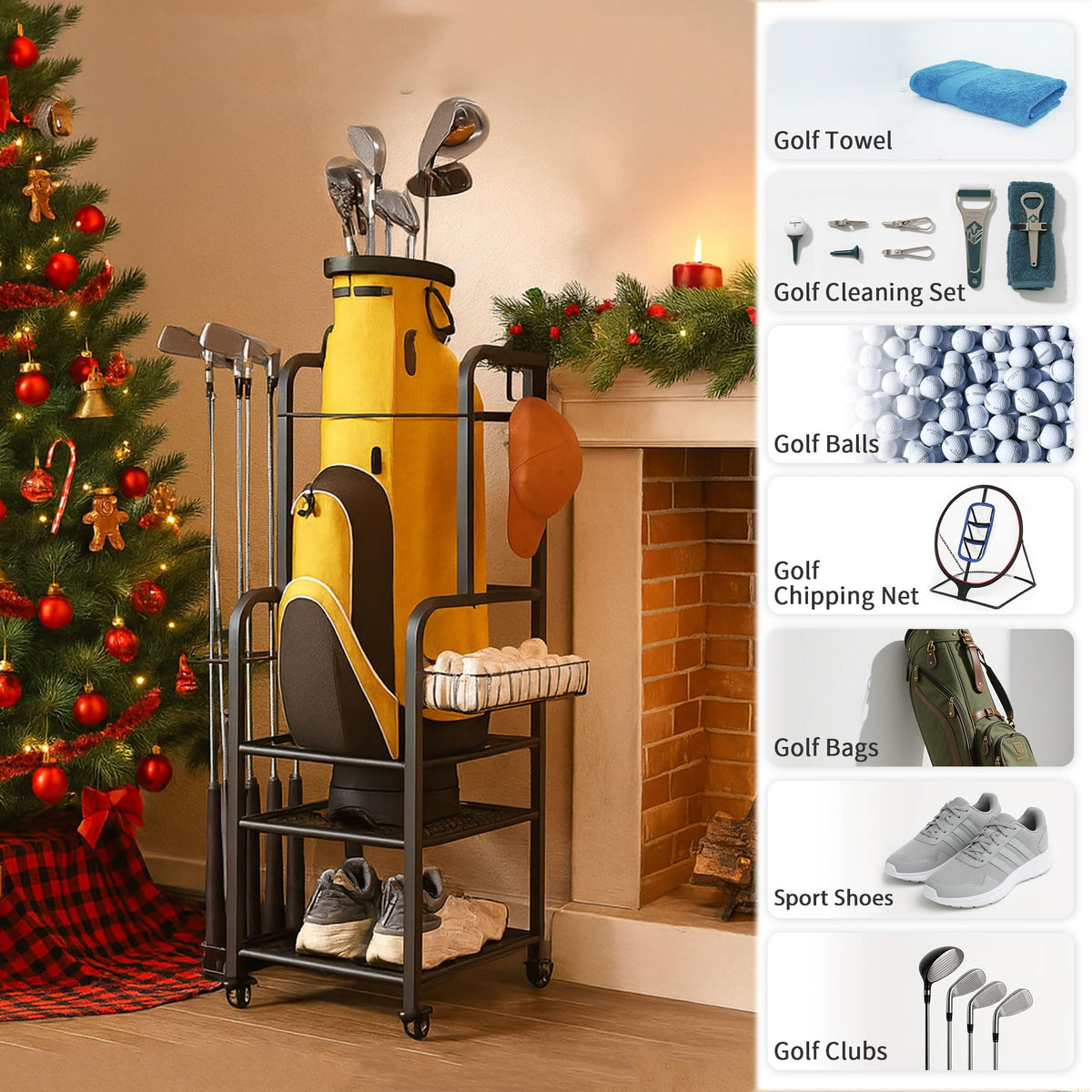 Niffgaff golf bag organizer side view showing vertical space-saving design for tight spots.