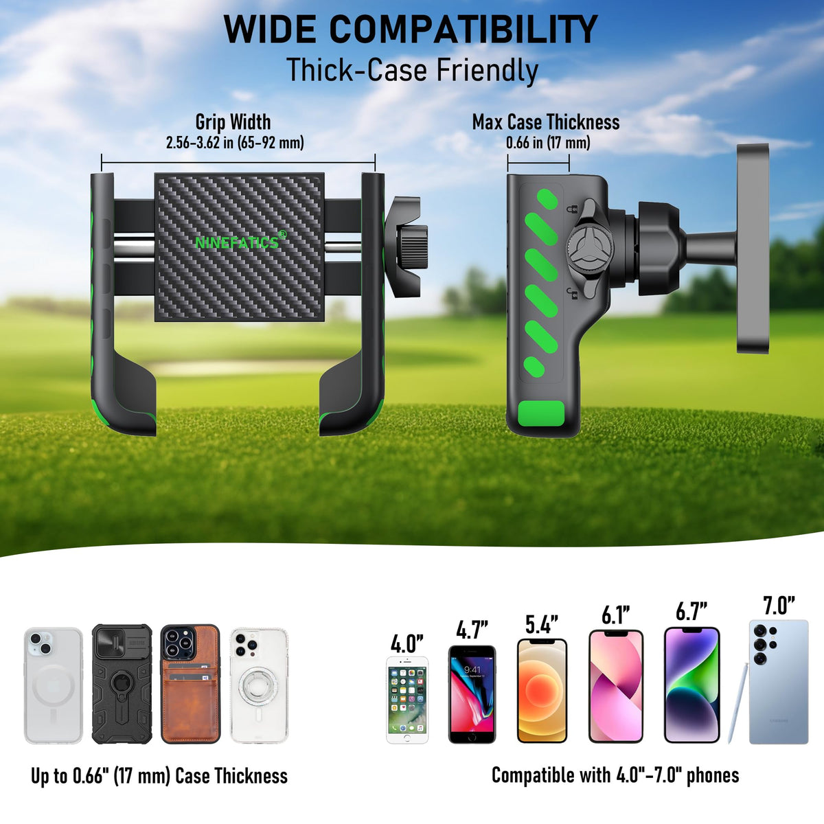 NINEFATICS fits thick cases including rugged and MagSafe types