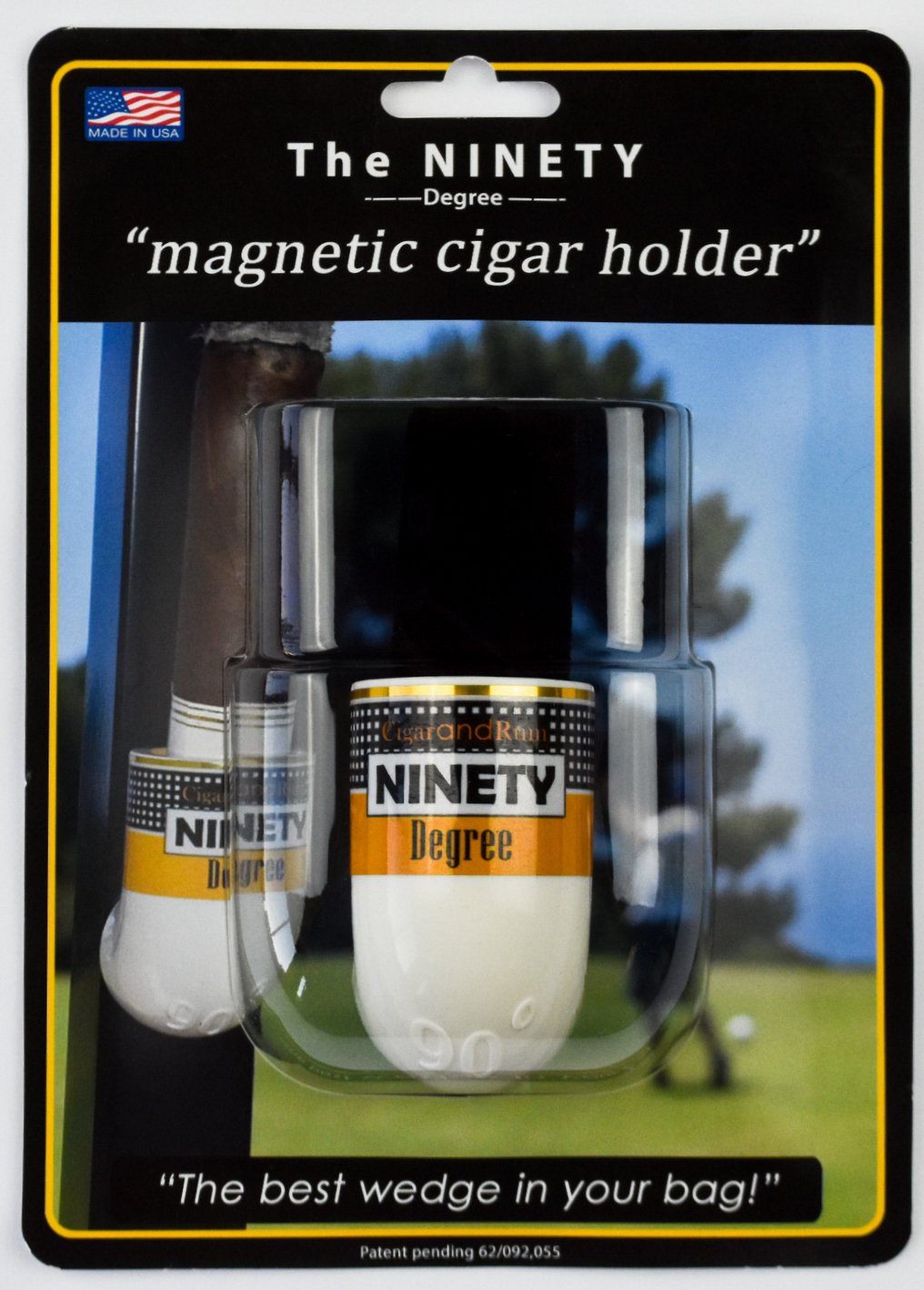 Ninety Degree Wedge on a golf cart holding a cigar securely for a smooth round