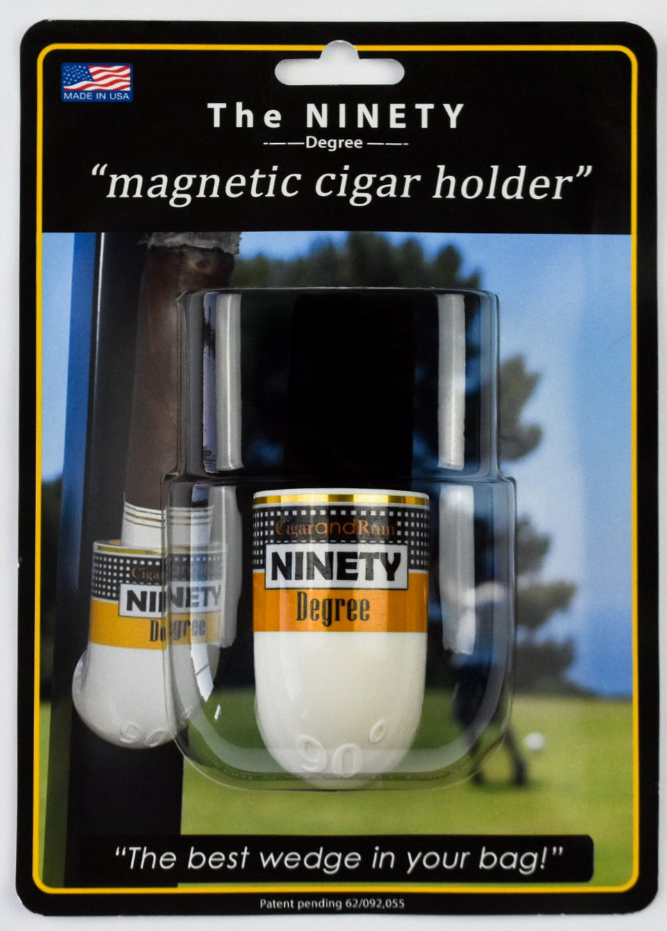 Ninety Degree Wedge on a golf cart holding a cigar securely for a smooth round