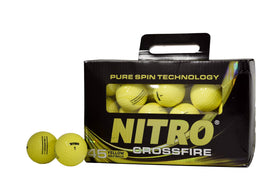 Nitro Crossfire 45 golf balls yellow pack shot highlighting distance and visibility