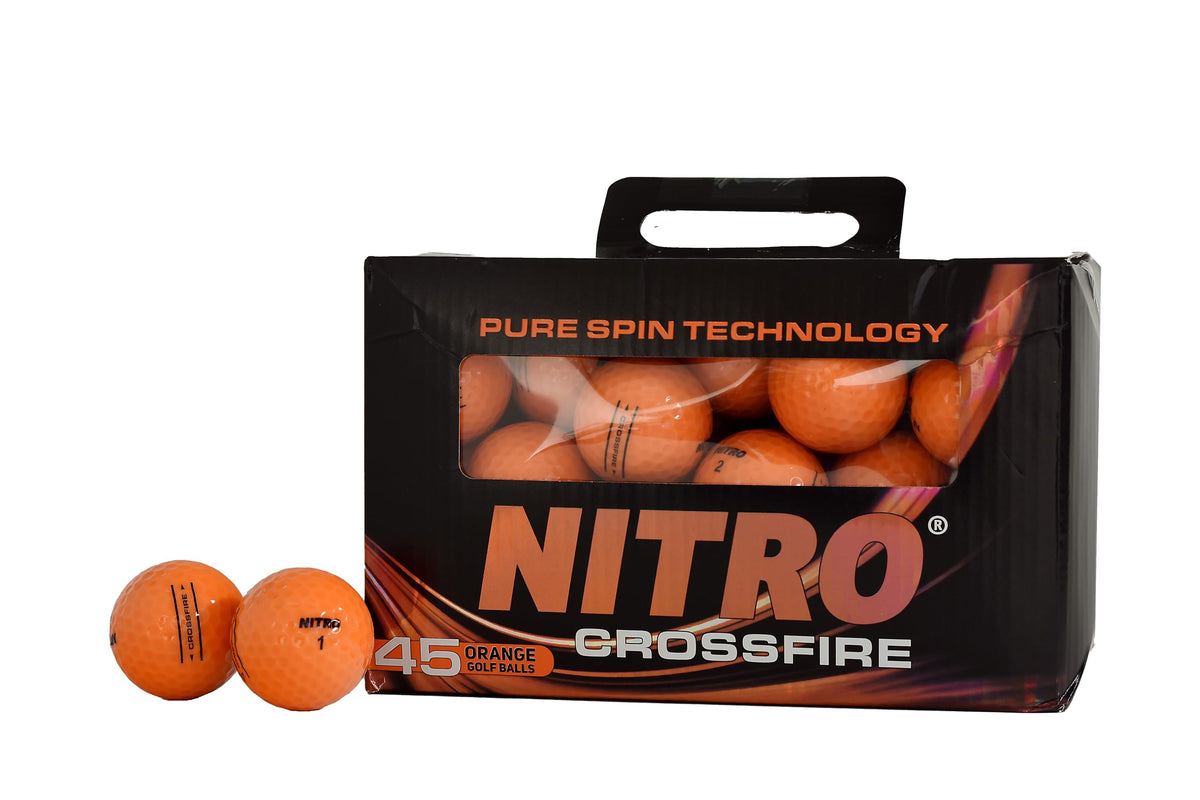 Nitro Crossfire 45 orange golf balls show long-distance flight and reliable iron control.