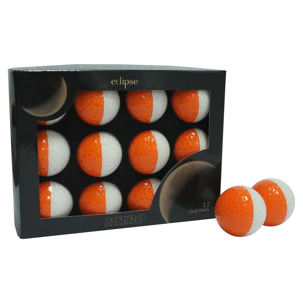 Nitro Eclipse golf balls in white and tangerine for enhanced visibility and soft feel.
