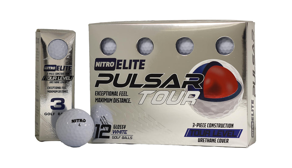 Nitro Elite Pulsar Tour ball in glossy white for tour-level distance and precise short-game control.