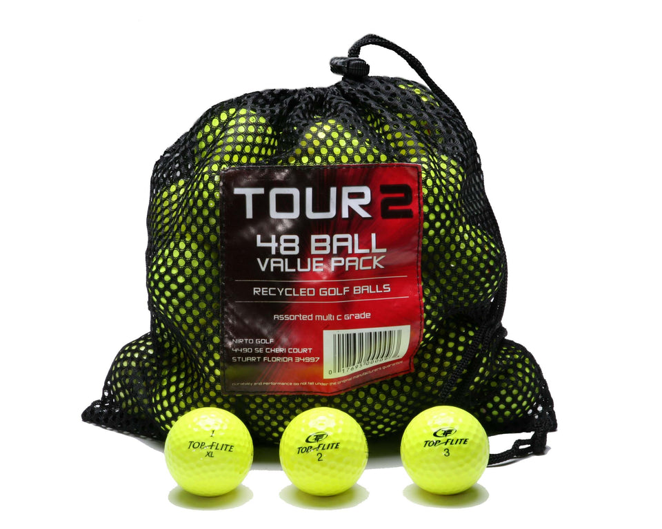 Nitro recycled B-grade golf balls in mesh bag, ideal for practice and casual play.