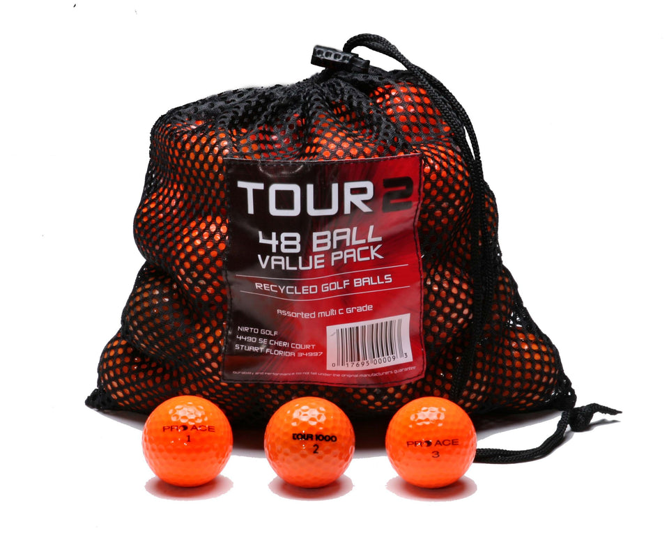 Nitro recycled B-grade golf balls in optic orange, ideal for practice and beginners.
