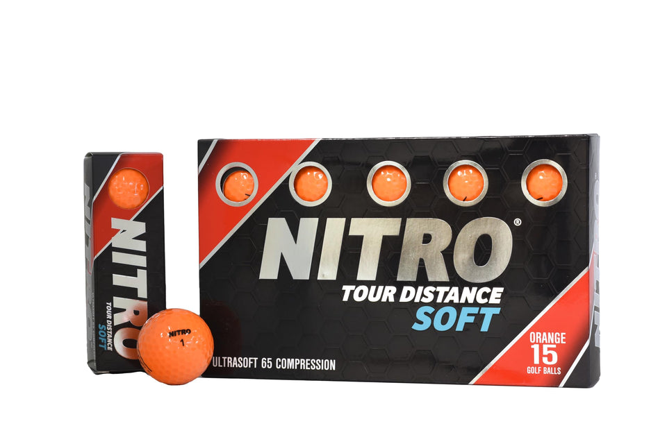 Nitro Tour Distance Soft orange golf balls offer long distance with stopping power on iron shots.